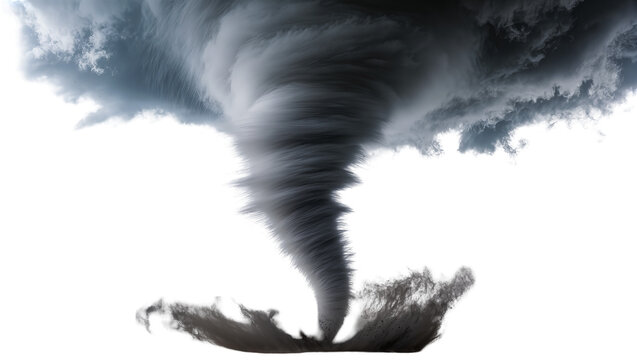 Massive dark grey tornado funnel cloud with debris, isolated on transparent background