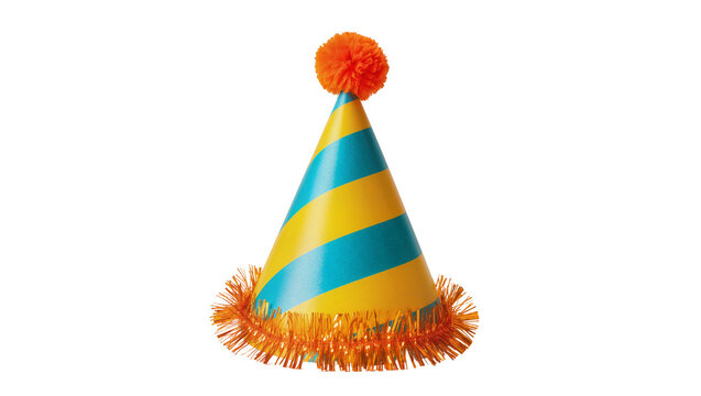 Yellow and teal striped party hat with orange pompom and fringe, isolated on transparent background