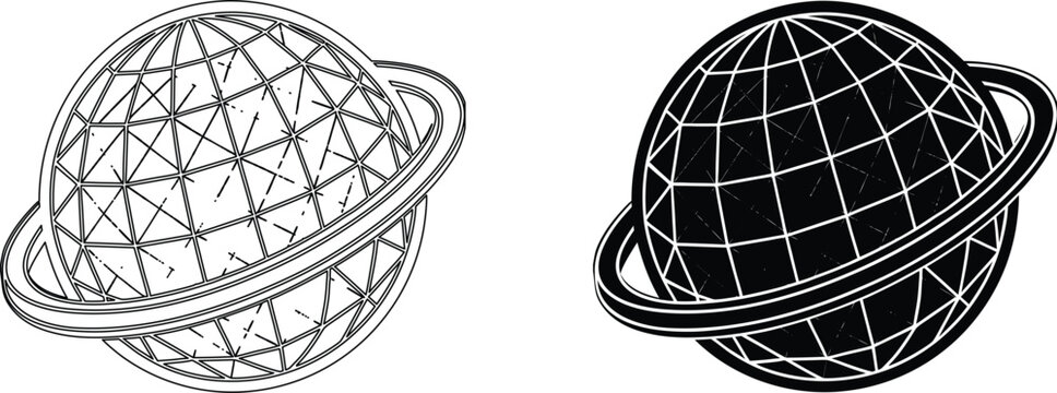 Abstract globe with rings vector icon set featuring wireframe line art and solid black circle design for global concepts.