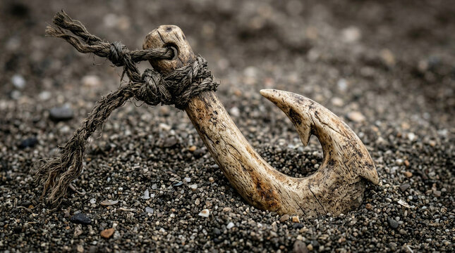 Ancient bone fish hook found on sandy surface