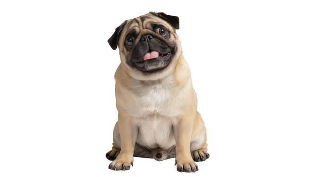 Cute fawn pug dog sitting tongue out, isolated on transparent background