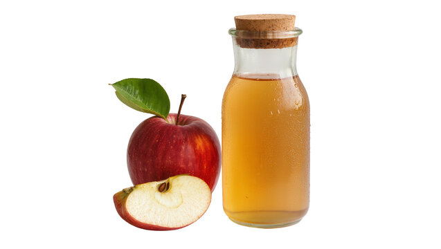 Red apple with slice and corked bottle of apple cider vinegar, isolated on transparent background