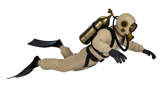 Vintage diver in beige suit with brass tank and mask, isolated on transparent background