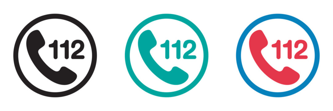 Emergency call vector icons set, 112 simple hotline symbols for urgent assistance, ambulance and rescue communication design