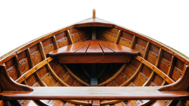 Polished wooden rowboat interior showing detailed craftsmanship, isolated on transparent background