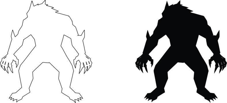 Fierce werewolf creature silhouette and outline icon set depicting mythical monster wolf character in vector line style.