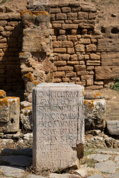 Ancient Roman Stone Stele with Latin Inscription, Chellah Archaeological Site, Rabat, Morocco