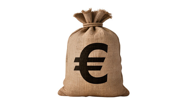 Burlap money bag with euro symbol, isolated on transparent background