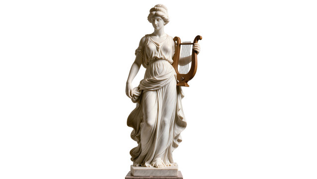 Classical marble statue of a woman holding a lyre, isolated on transparent background