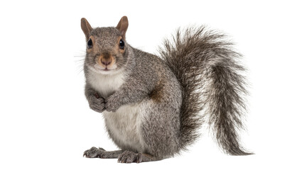 Fototapeta premium Grey squirrel with fluffy tail sitting alert, isolated on transparent background