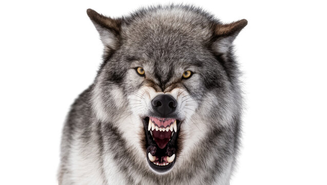 Fierce grey wolf snarling with bared teeth, isolated on transparent background