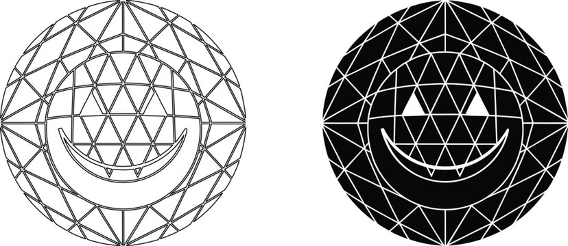 Geometric pumpkin face with triangular pattern and wireframe outline, Halloween symbol on transparent background.