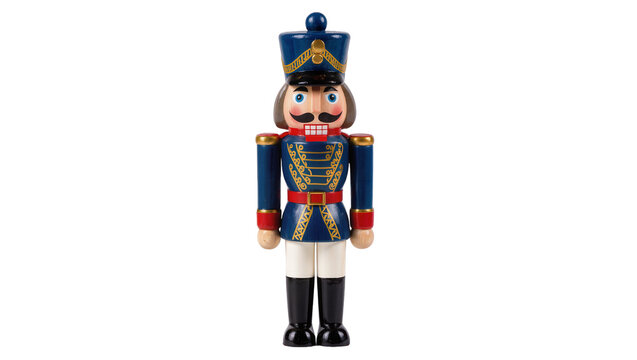 Traditional wooden nutcracker soldier in blue uniform, isolated on transparent background