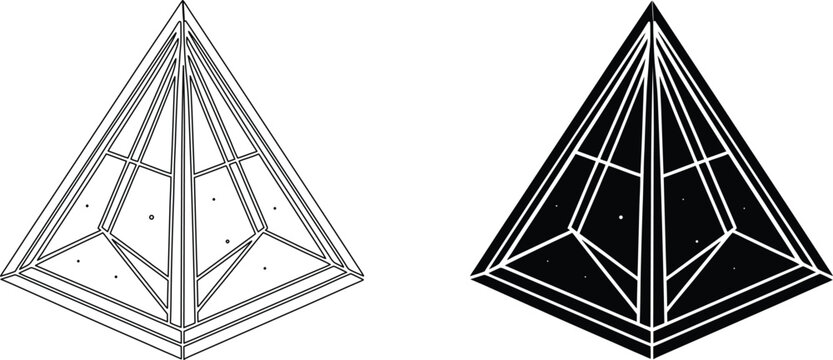 Geometric pyramid icon set with wireframe line art and solid black triangle shape featuring internal mesh facet details.