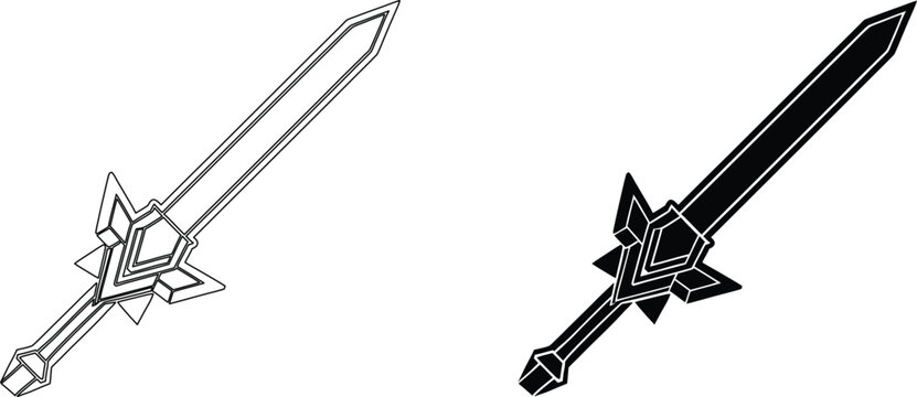 Geometric sword design in line art and solid black, showcasing polygonal structure on transparent background.