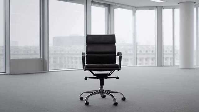 Modern office chair in minimalist bright workspace with large windows