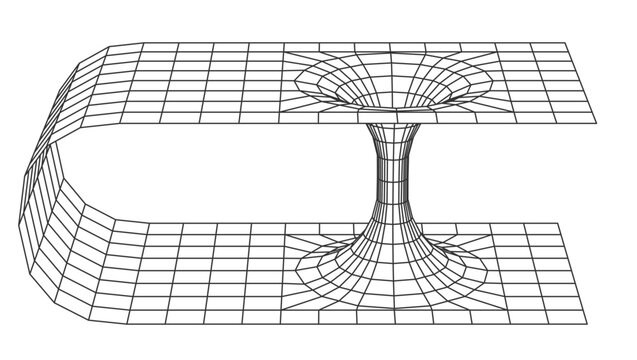 Wireframe spacetime grid with wormhole connection, illustrating abstract physics and gravitational distortion