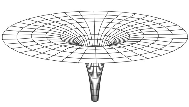 Black wireframe wormhole shape with curved grid lines, showing abstract geometry and space distortion