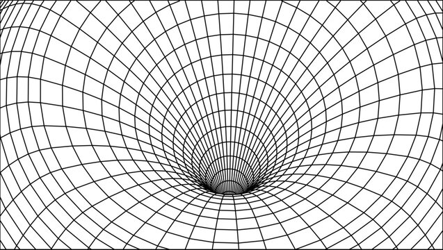 Abstract wireframe vortex tunnel grid perspective background, 3D geometric mesh hole vector illustration