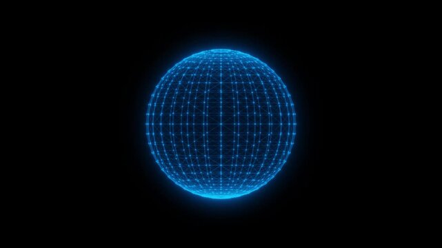 Glowing Digital Wire frame Sphere with Connected Network Nodes on Black Background. Perfect for technology presentations, cybersecurity concepts, innovation visuals, and sci-fi motion graphics.
