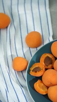 apricots in a blue plate on the table in sunlight and shadow from the leaves