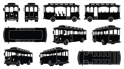 Obraz premium Vintage Trolleybus and Classic City Bus Silhouette Set — Multiple Views Black Vector Transport Icons