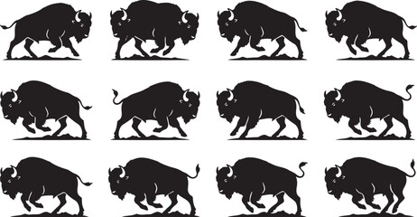Massive American bison buffalo silhouettes running and charging fast © HM