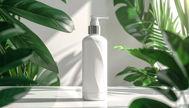 White bottle with dispenser among green leaves