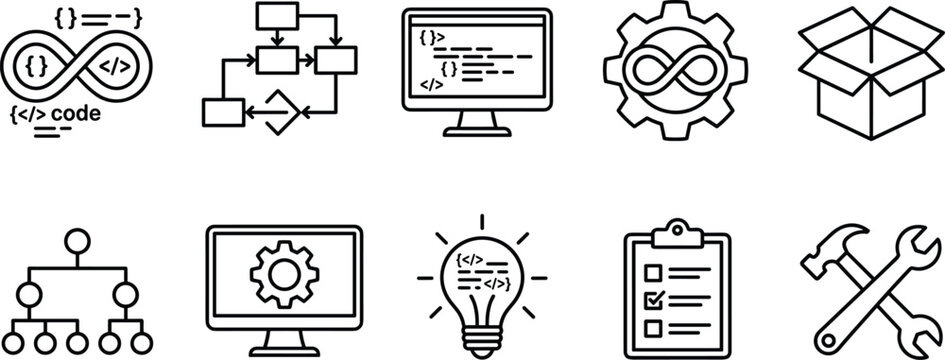 Programming and agile management linear icons with code terminal flowchart and technical maintenance tools.