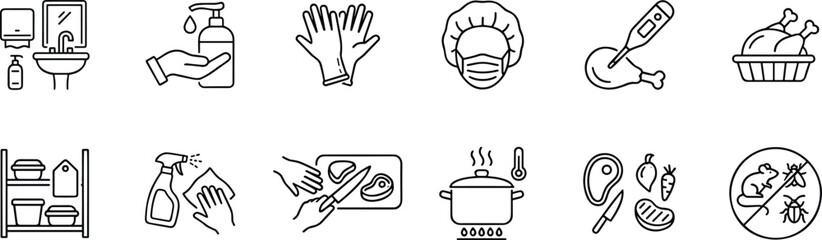 Fototapeta premium Food safety and kitchen hygiene icon set line art vector illustrations for restaurant sanitation and safety standards