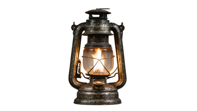 Antique kerosene lantern with glowing flame, isolated on transparent background