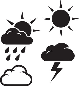 Weather forecast icon set with sun, rain, cloud, and lightning bolt silhouette vector design