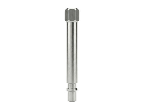 Stainless steel threaded rod with knurled end against white background.
