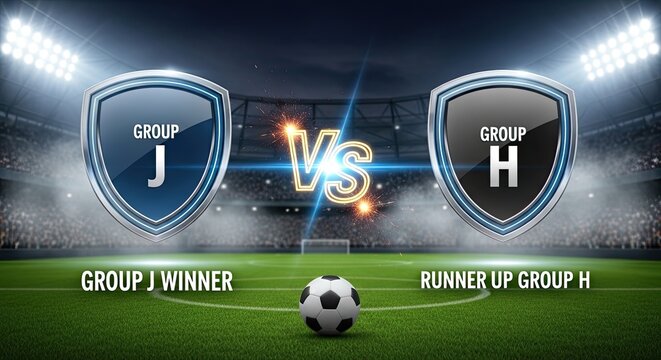 Soccer Ball on Green Field with Group J Winner vs Runner Up Group H Shields for Sports Competition Concepts