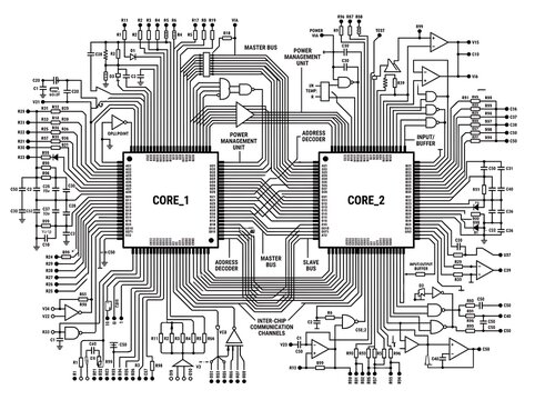 Dual core processor circuit board with detailed electronic components