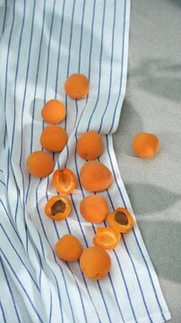 apricots on the table in the sunlight and shade from the leaves