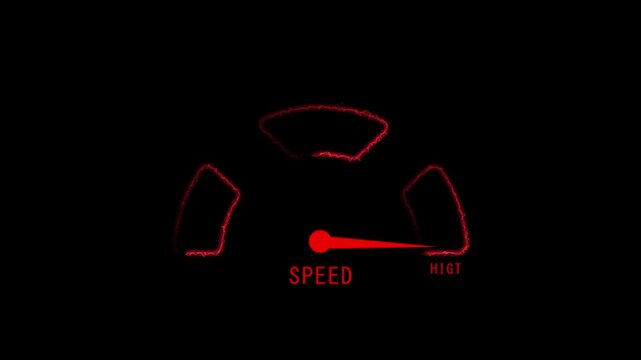 Red glowing outline of speedometer with word SPED. Fast red glowing outline of speedometer for high velocity performance dashboards. Modern red glowing outline of speedometer on black.