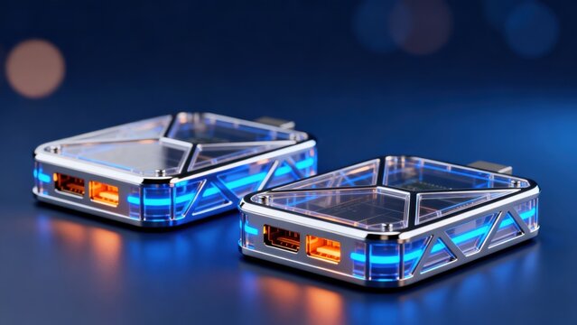 Two futuristic electronic devices with glowing lights