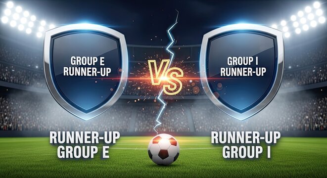 Soccer Ball on Green Field with Shields and Vs Symbol for Sports Competition Concepts