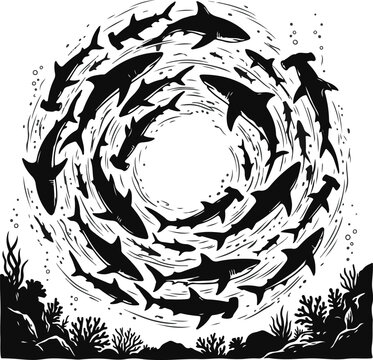 Sharks and hammerheads swimming in a circular vortex over a coral reef silhouette