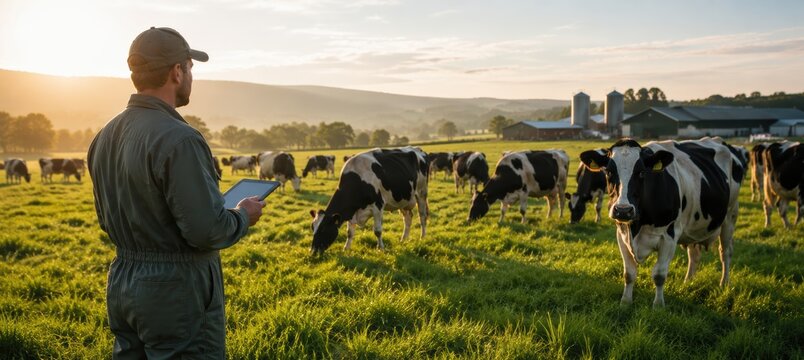 Modern Dairy Farmer Inspecting Cows in Green Pasture
