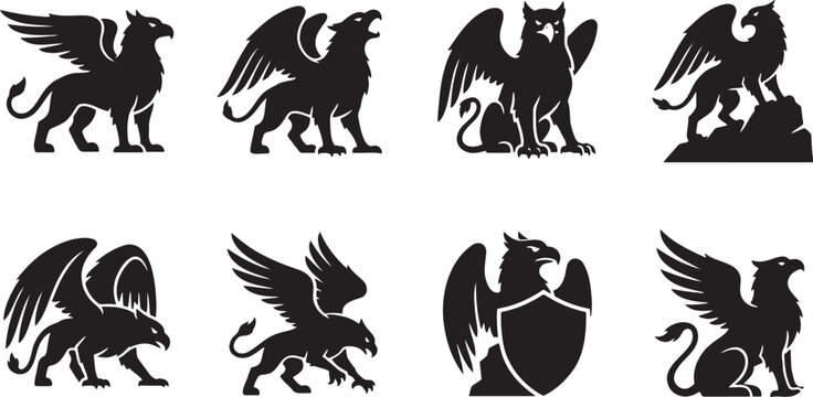 Heraldic mythological griffins standing proud and holding security shields