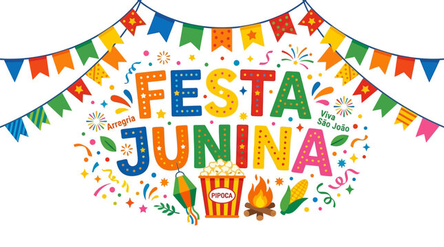 Colorful festa junina celebration with flags popcorn and bonfire