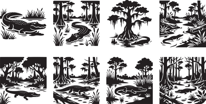 Alligator silhouettes swimming in swamp and marsh wilderness