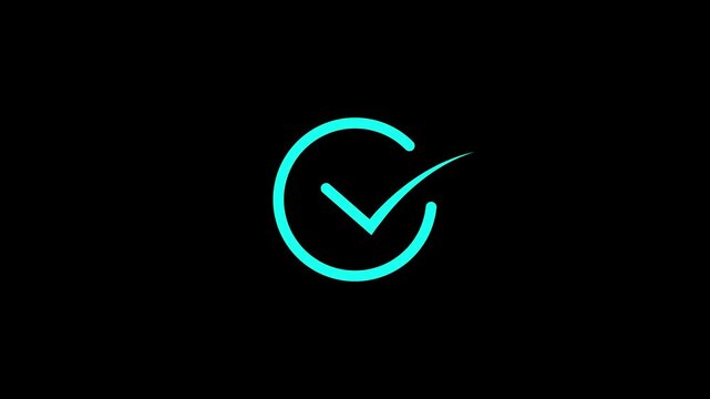 Check mark symbol. approved tick mark icon, success, correct concept. cyan check mark icon with loading bar animation on a black background. 4k