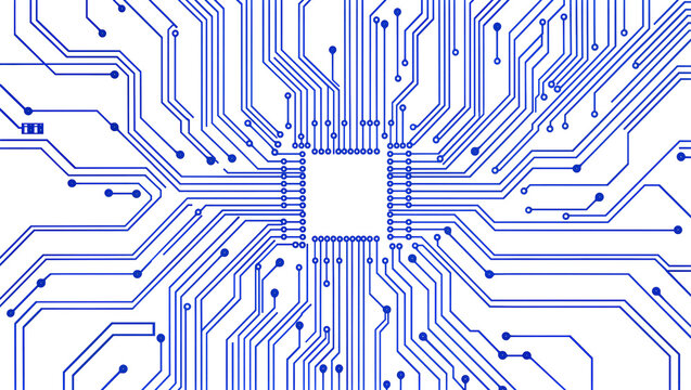 Blue circuit board pathways with central square chip, isolated on transparent background