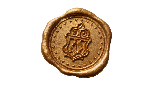 Golden wax seal with ornate crest and star border, isolated on transparent background
