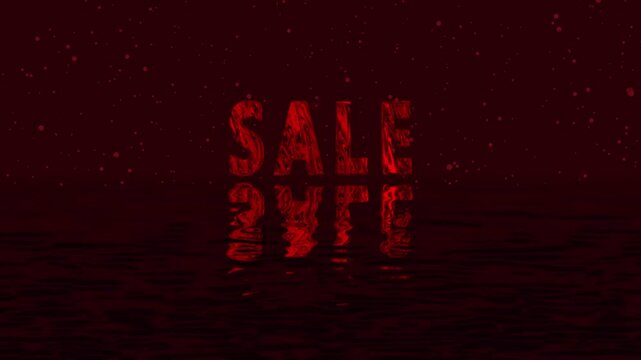 Red textured word SALE reflected in dark water with speckles. Commercial red textured word SALE for retail promotion campaigns. Vibrant red textured word SALE banner.