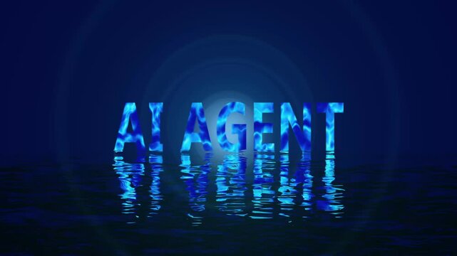 Blue AGENT text with fiery texture reflected in water. Advanced blue AGENT text for artificial intelligence company branding. Tech blue AGENT text on dark background.