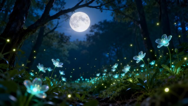 Moonlit forest with glowing flowers